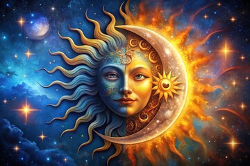Wall Mural - Celestial Face: Abstract Sun, Crescent Moon, and Starry Night Sky