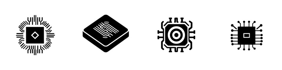 Vector illustration of four distinct black and white microchip icons for technology designs and graphic projects