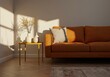 © Pixelpulse Creative  - Orange sofa with pillow and vases on yellow table in a living room