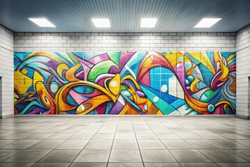 Sticker - colorful graffiti art on white wall, gray tile floor - minimalist street art photography