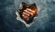 © faki - A fist breaks through a concrete wall, with pieces of the wall flying away