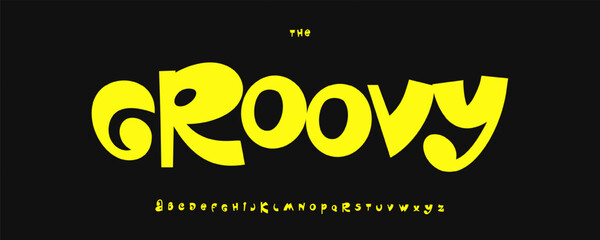 Fototapete - Groovy Font with Witty Letters, Funky Retro Letters, 70s Style Alphabet for Happy Vibes Design, Music Poster Font, Creative Titles, Colorful Print Letters, Playful Typography. Vector Typeset
