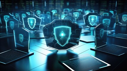 Picture of digital security system to protect dangerous hacking computer user in colorful light of cyberspace style theme. Coding and programming for guarding digital technology from criminal. AIG53.