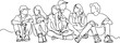 © Miraz10 - Minimalist vector sketch in continuous line art style of young people sitting together talking on ground drawn in black linear strokes with white background