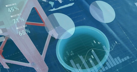Wall Mural - Image of data and graphs over stool and bucket on blue background