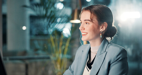 Aufkleber - Night, review or businesswoman with smile, finance and technology with good news for funding approval. Computer, audit and happy financial advisor in office for accounting deadline or late overtime