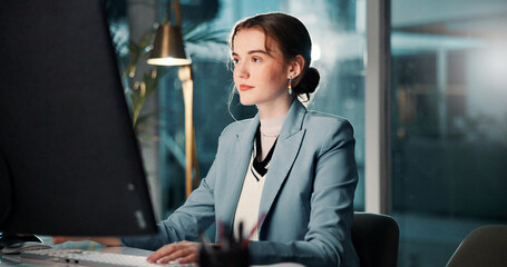 Fototapete - Night, business and woman with computer, online reading and internet with email for funding application. Accountant, evening and employee in office, financial advisor and accounting with deadline