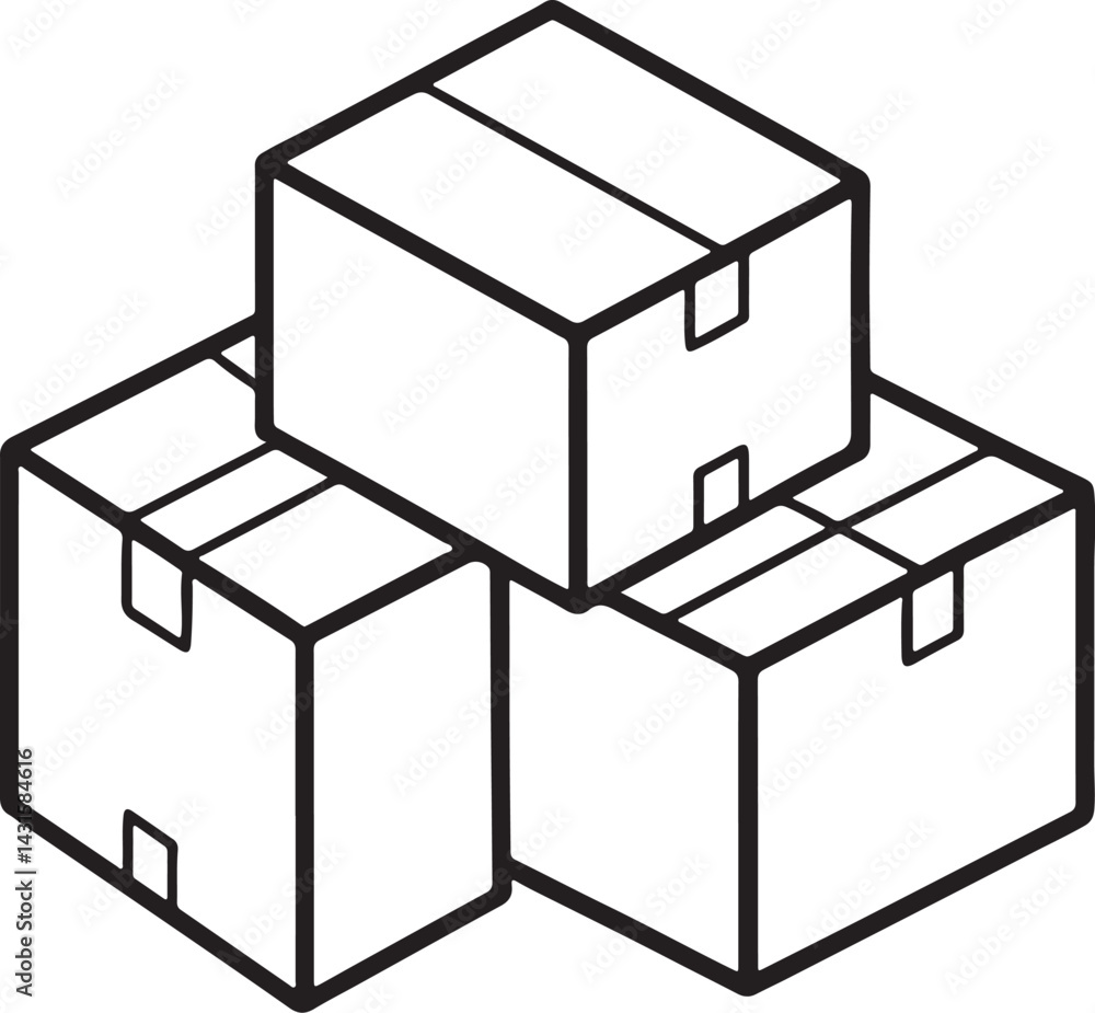 cardboard boxes line art, black outline, vector and illustration ...