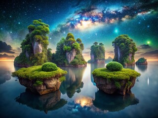 Wall Mural - ethereal floating islands: lush greenery under a starry night sky - low light photography