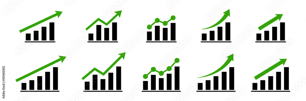 Graphic rise. Chart graph growth icon. Stock increase vector set. Stock ...