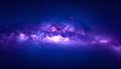 A vibrant purple nebula streaks across a dark blue night sky, with a cluster of bright stars at its center