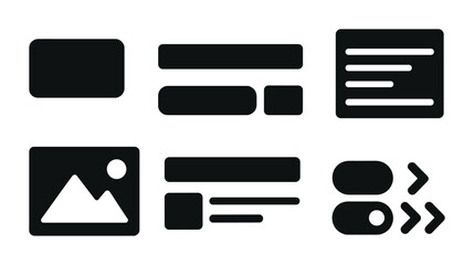 Website and ui elements solid icons set – flat style navigation, interface, and layout symbols for web design: button, slider, image, menu, toggle, arrow.