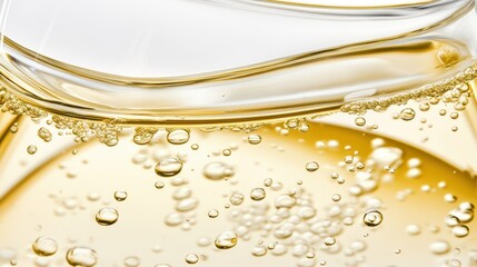 Wall Mural - Golden Bubbles: Close-up of sparkling liquid with golden hue and tiny bubbles, creating a luxurious and refreshing aesthetic.