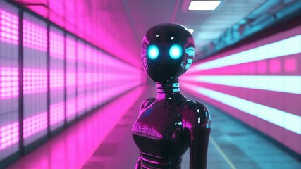 Futuristic humanoid robot with glowing eyes standing in a neon lit tunnel, science fiction concept with bright colors, 3D render.