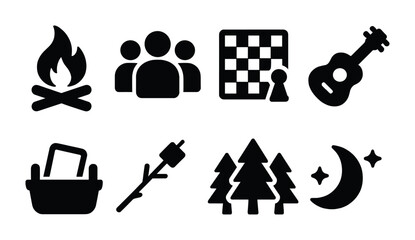 camping and outdoor activities solid icons set – solid style recreation, wilderness, and adventure s