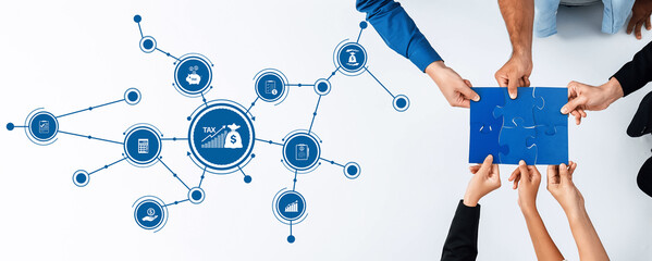 Aufkleber - Engaging image depicting collaborative hands working on a puzzle representing tax strategy and financial planning, highlighting teamwork and innovative solutions in a modern workspace. Amity