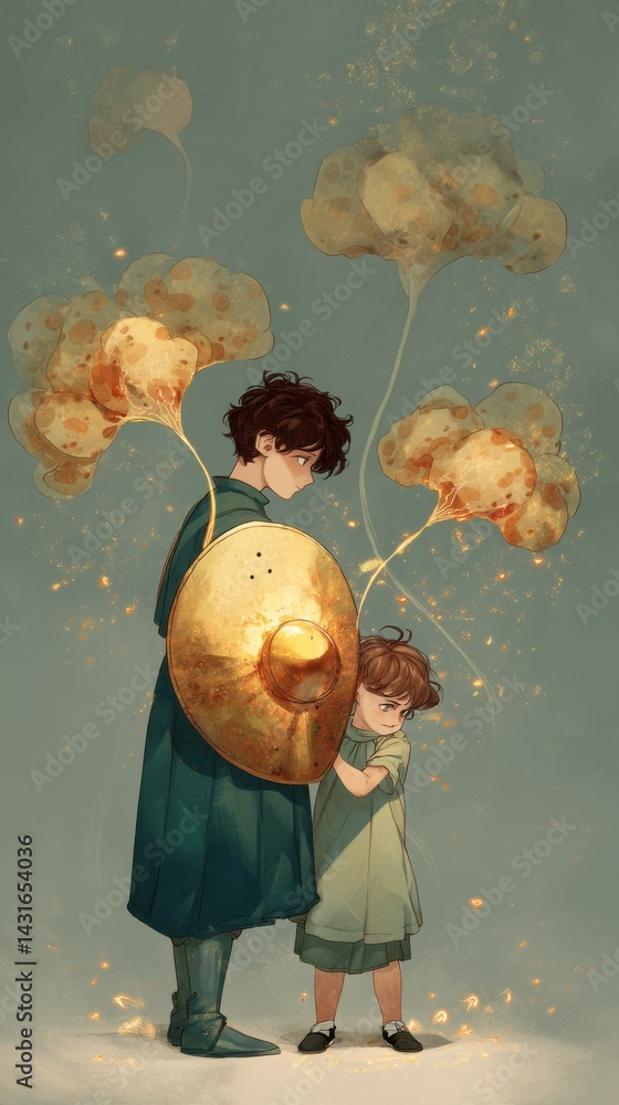 Older brother protecting younger sister with golden shield from ...