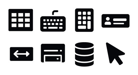 Web and technology solid icons set – filled style for online applications and user interface: keyboard, database, profile, cursor, settings, server, interface, widget