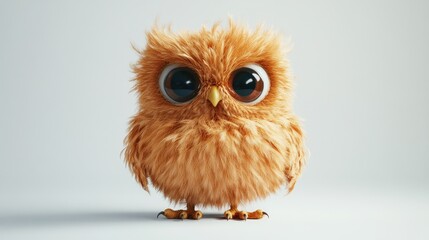 Chubby owl perched proudly, with fluffed-out feathers and big eyes, modeled in high-resolution 3D. The image uses subtle studio lighting and a white backdrop to emphasize detail and realism.