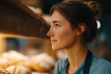 Wall Mural - baker standing in warm softly lit bakery with blurred background