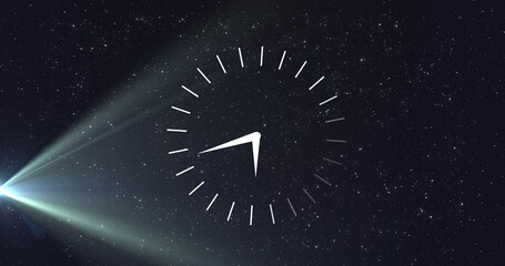 Wall Mural - image of clock moving over stars and light on black background
