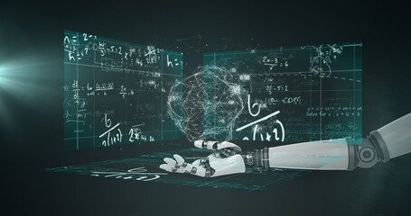 Canvas Print - image of robotic arm with shape over mathematical equations