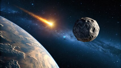 meteor streaking towards earth with asteroid in deep outer space