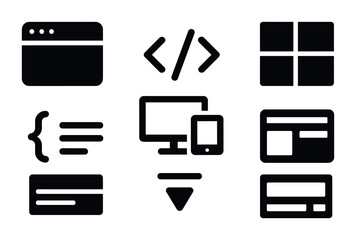 Web development solid icons set - flat style coding, programming, and interface symbols for tech projects: browser, code, devices, ui, platform, script, interface