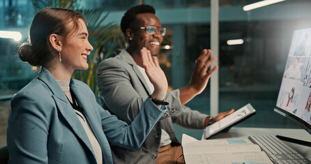 Poster - Video call, office and business people on computer wave for talking, online webinar and virtual meeting at night. Corporate, working late and man and woman for discussion, communication and seminar