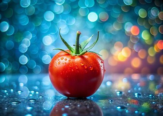 Wall Mural - Juicy Red Tomato with Water Droplets - Macro Bokeh Photography