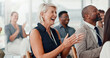 © peopleimages.com - Conference, applause and business people with achievement, smile and feedback with support. Audience, laughing or group in workplace, clapping or success with thank you, humor or event with cheering