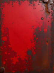 a rusted metal surface with a vibrant abstract red pattern overlaid in the foreground adds depth and