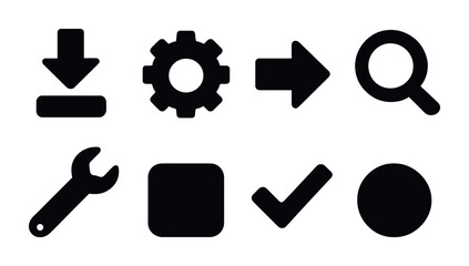Essential user interface solid icons set – flat style ui, web design, and app development symbols for ux optimization: download, settings, arrow, search, wrench, check, circle.