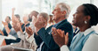 © peopleimages.com - Conference, applause and business people with cheering, seminar or feedback with support. Audience, crowd or group with clapping, profit growth or smile with thank you, kpi target or event for awards