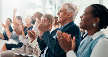 Poster - Conference, applause and business people with cheering, seminar or feedback with support. Audience, crowd or group with clapping, profit growth or smile with thank you, kpi target or event for awards