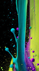 Fototapete - Vibrant teal, purple, and lime green paint splash, creating dynamic texture and abstract forms against black background Showcases energy, movement, and creativity
