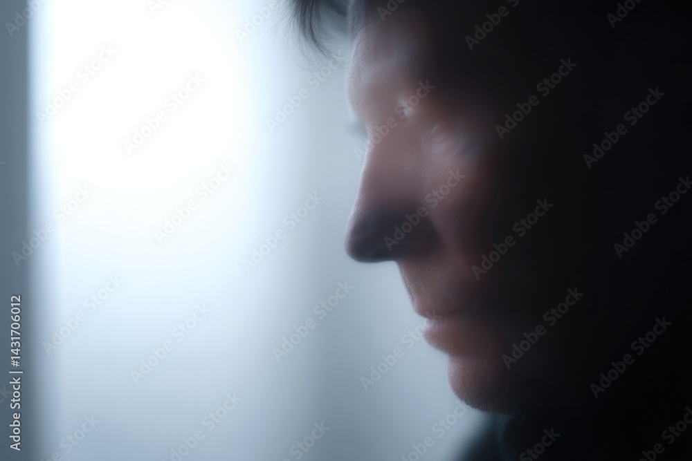 shadowed face emerges from blurred surroundings hinting at untold ...