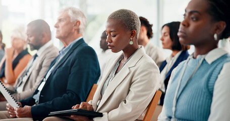 Aufkleber - Tablet, reading and business woman at conference for seminar schedule, economic forum and meeting. Finance workshop, market research report and tradeshow event with people at convention expo