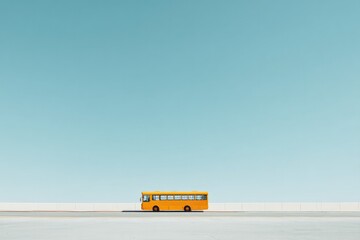 Wall Mural - single yellow bus sits on wide empty road under cloudless sky