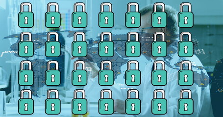 Canvas Print - image of padlock icons and world map over caucasian male scientist in lab