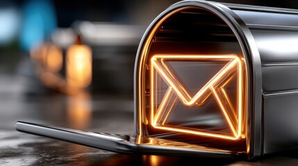 Poster - A silver mailbox with a glowing red letter M on it
