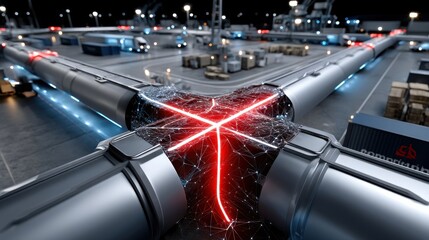 Aufkleber - A futuristic cityscape with a red X in the middle of a pipe