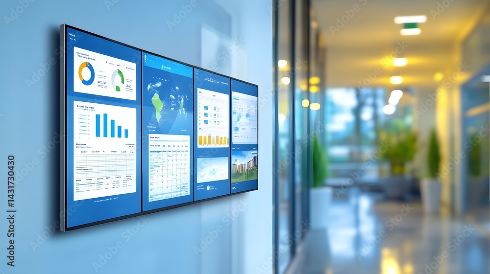Foto A modern office hallway with a large video wall displaying various ...