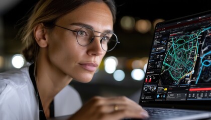 Leinwandbilder - A woman is looking at a laptop screen with a map on it
