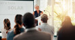 © Jessy/peopleimages.com - Speech, solar and woman with business people in office for sustainable, eco friendly company and renewable energy. Corporate event, convention and speaker for thank you, celebration and success