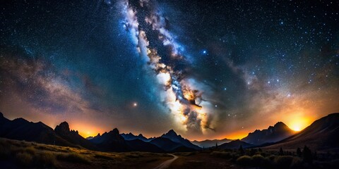Wall Mural - Majestic Night Sky Over Illuminated Mountain Range - Astrophotography Stock Photo