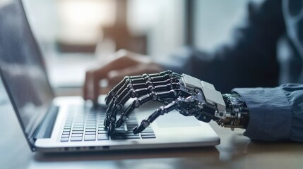Close-up of a person with a disability using a prosthetic arm to operate a laptop. The specialist demonstrates swift, natural control of a thought-powered myoelectric bionic hand
