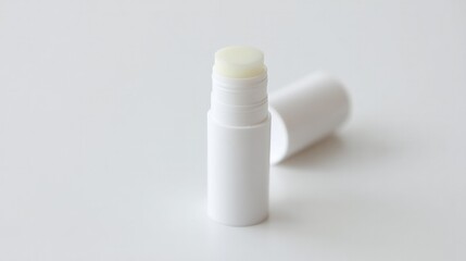 Wall Mural - close-up of single lip balm tube in uncluttered white space minimalistic presentation with copy spac