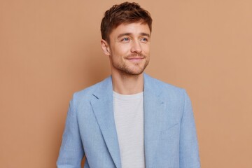 Wall Mural - confident person in formal attire showing positive emotions facing forward against smooth solid back