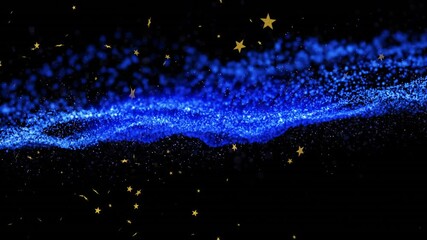 Wall Mural - swirling wave of bright blue particles moving across dark space, scattering golden star shapes